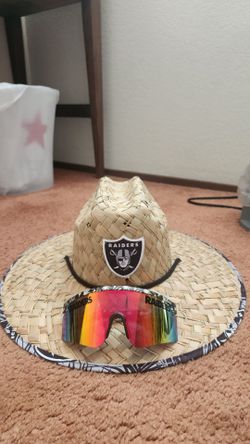 Rare straw hat, sunglasses, gloves, Beannie Raiders