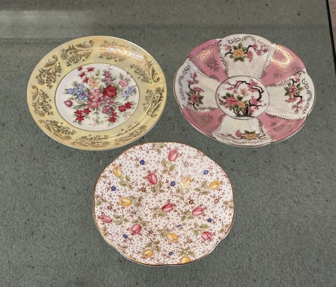 3 Antique Fine Porcelain Bone China Saucer Saucers Gold L&M Royal Halsey Sealy Rosina England Japan $15 Each