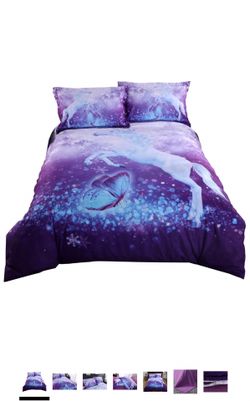 3D Unicorn Butterfly Flying Snowflake Print Duvet Cover Soft and Breathable 4 Pieces Purple Bedding Set, queen size