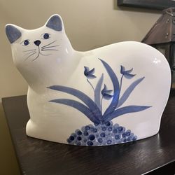 Vintage Blue & White Ceramic Cat Vase Planter Pot