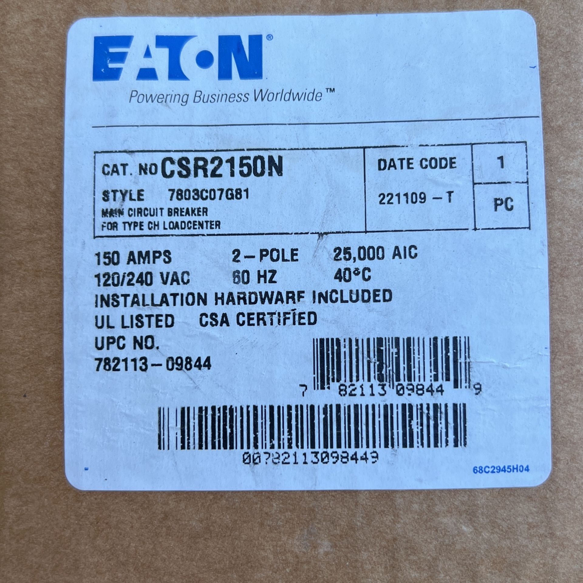 New 150a Eaton Main Breaker 