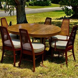 Midcentury Dining Table And Chairs W Cane Details And New Upholstery 