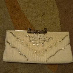 Ivory Beaded Floral Frame Clutch Mirror Lined Silver Hardware Formal