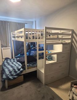 Full over twin loft bed with stairs, storage and TV