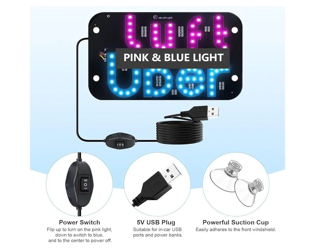 LED Light Sign for Car, Taxi Sign Light Windshield Led Sign Car LED Decal with Suction Cups USB Plug Dual-Color Conversion,Scrolling Display Board(Blu