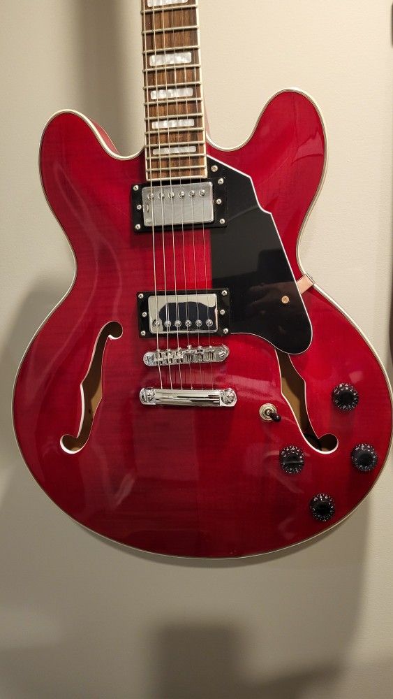 Grote Full Scale Electric Guitar Semi-Hollow Body Guitar Stainless Steel Frets(Red)