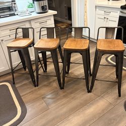 Four Sturdy Wood And Metal Hightop Stools