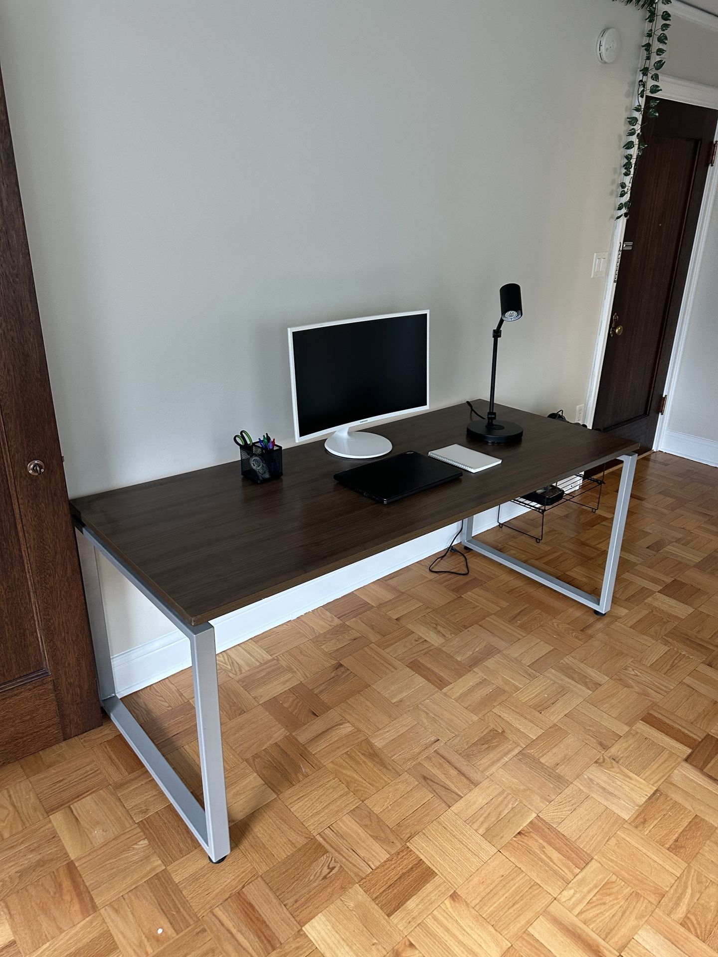 72” x 30” x 30” Wood and Metal Office Desk Dark Brown Grey Square Legs