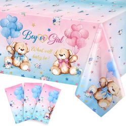 Capoda 3 Pcs Bear Baby Shower Tablecloths Gender Reveal Table Covers Rectangle Plastic Bear Table Cloths for Baby Shower Gender Reveal Party Decoratio