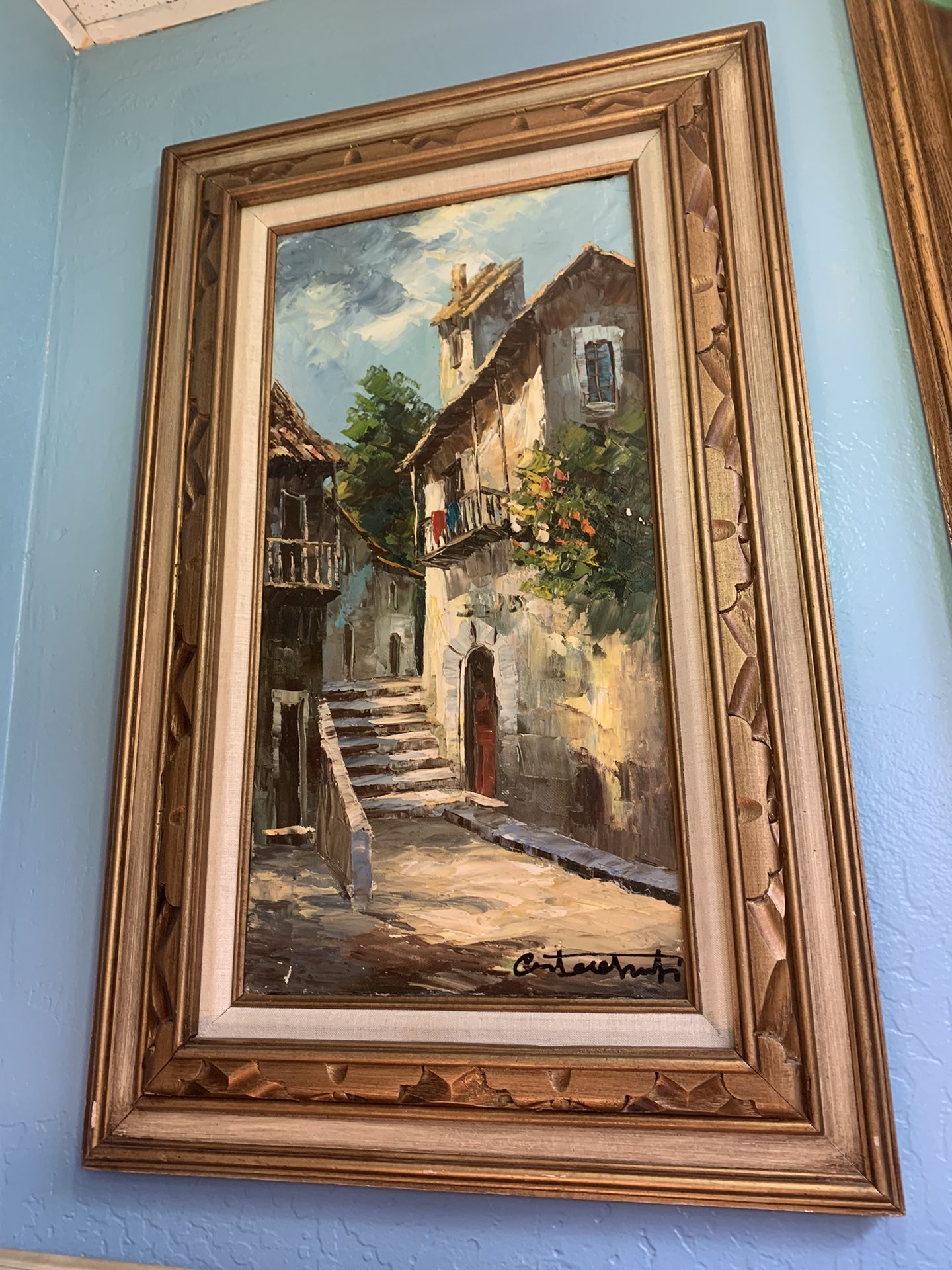 Vintage Framed Village Scene Oil On Canvas Signed Painting