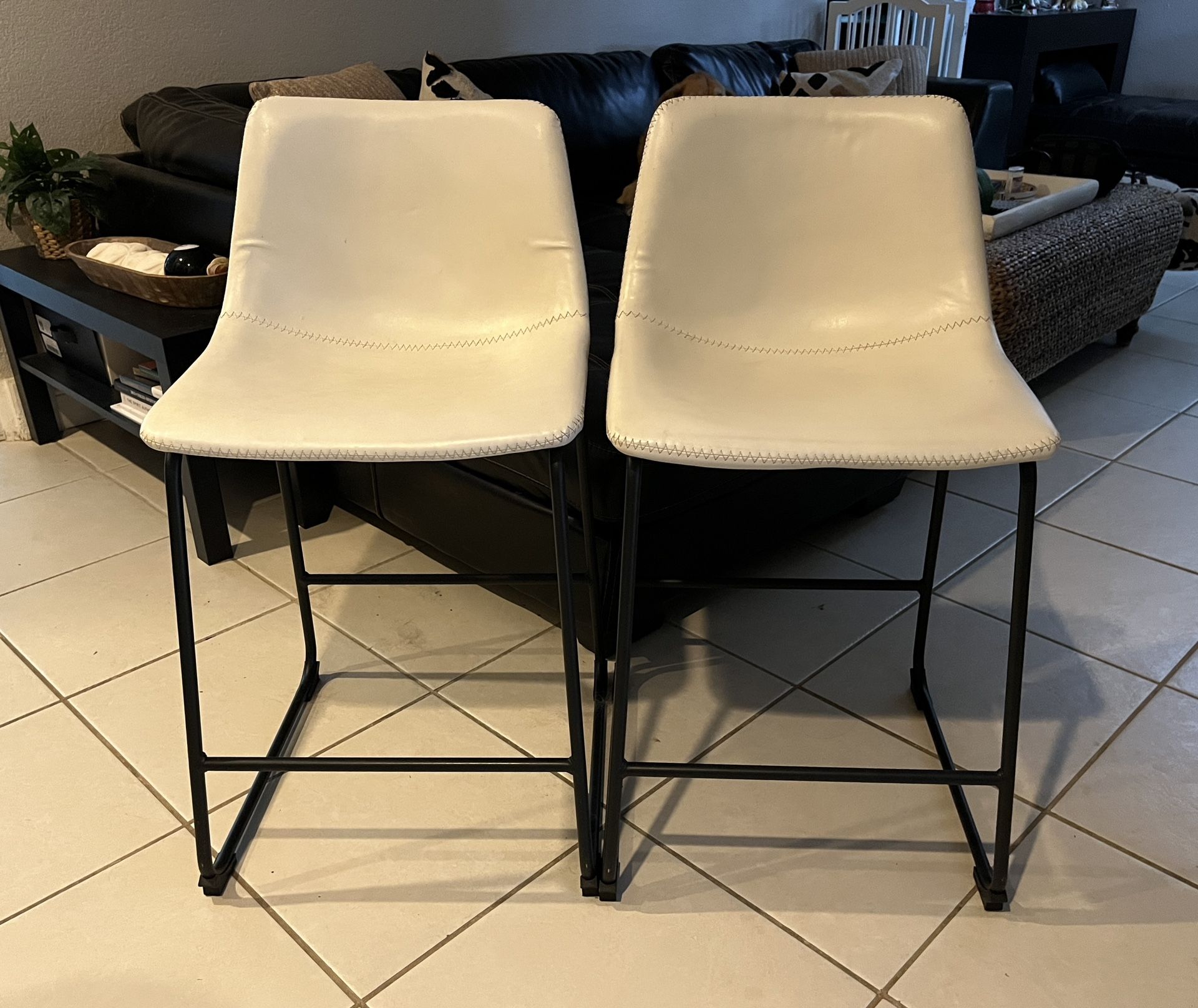 White Faux Leather Counter Bar Stools Set of 2