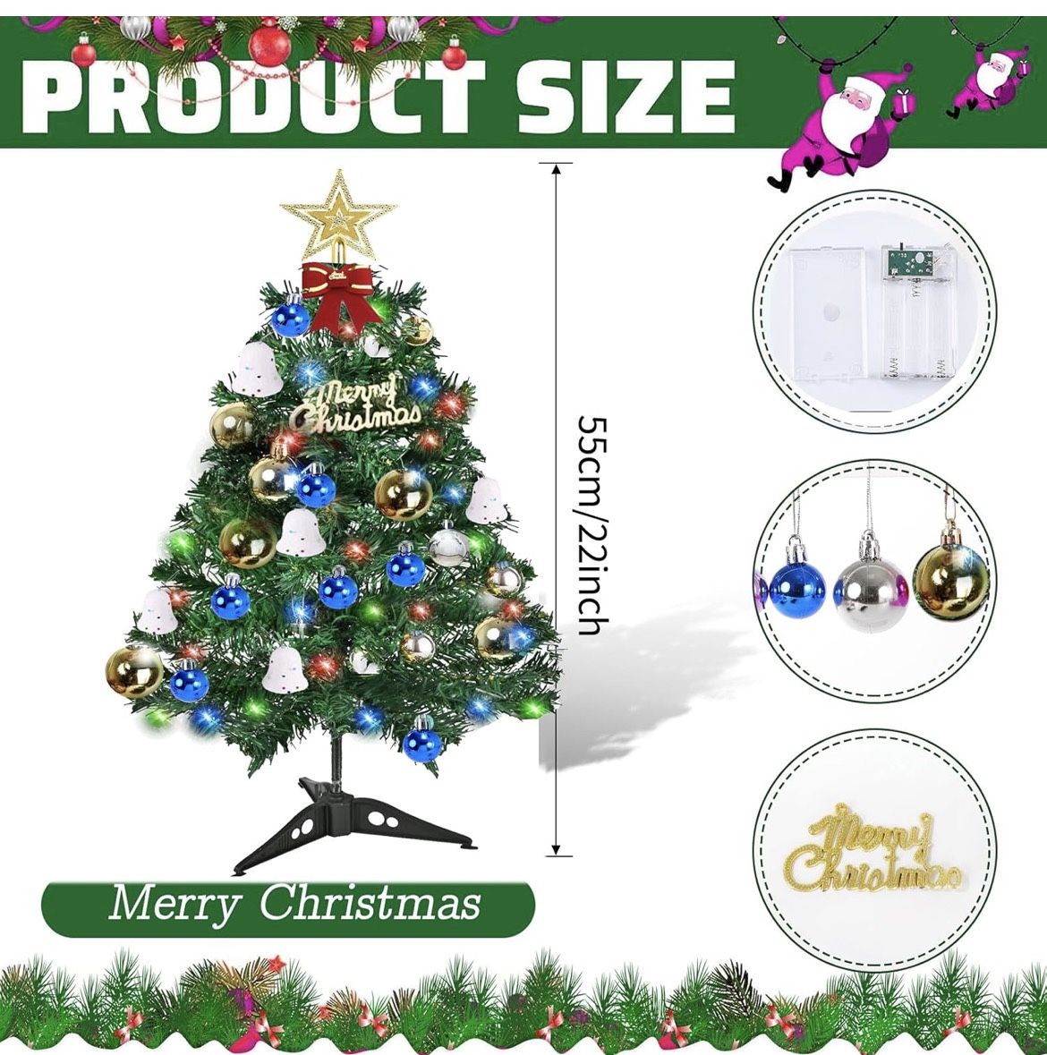 🆕 In 📦 2️⃣Ft Artificial Christmas Tree with Lights,Tabletop Christmas Tree with Gift Boxes for DIY Decor(Bells,Christmas Balls,Star)