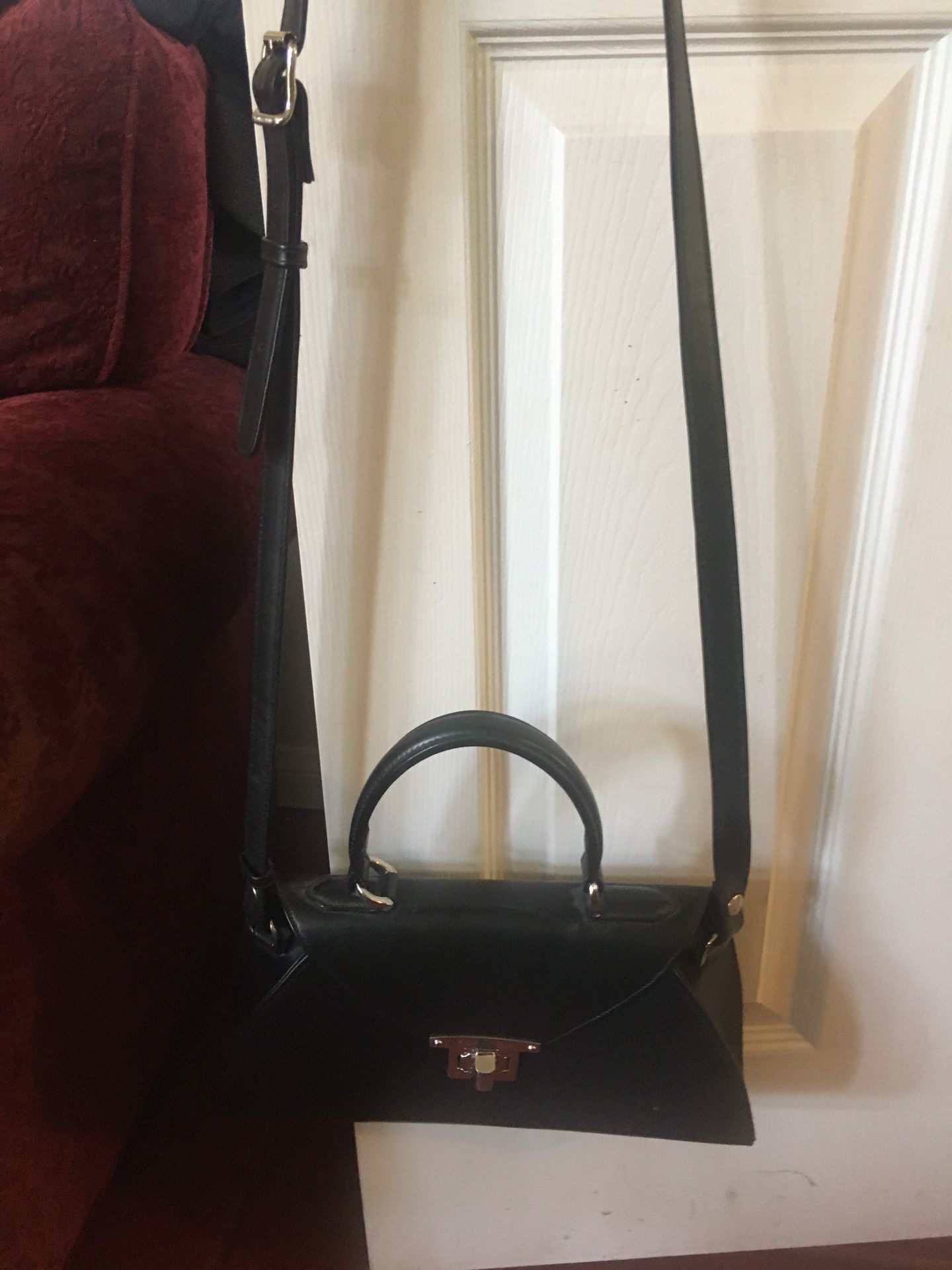 Custom made black leather handbag purse with red inside flap