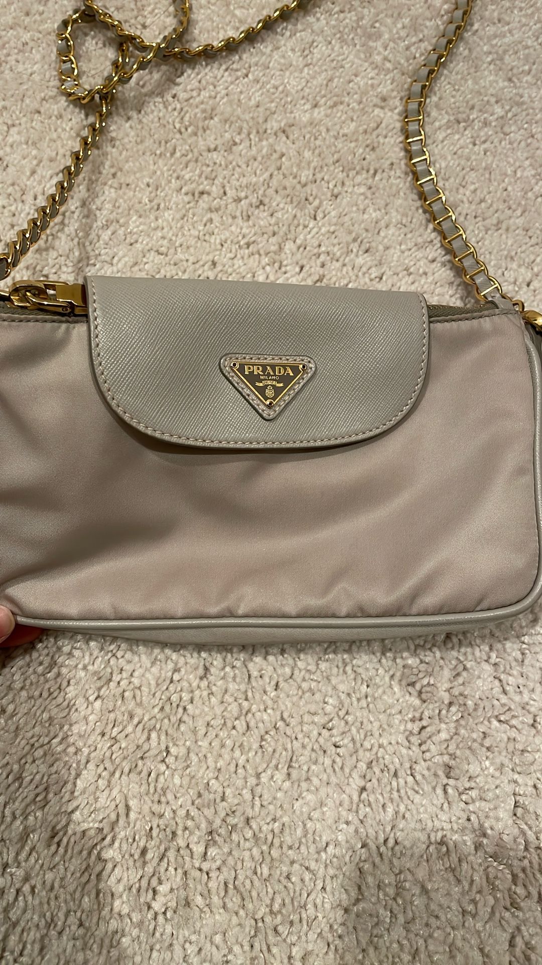Prada Tessuto Saffiano nylon crossbody bag with a gold chain strap
