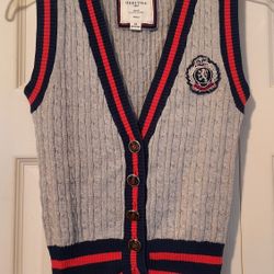 Heritage 1981 Childs Knit Vest Med Gray Red Blue Crest Buttons Academia School