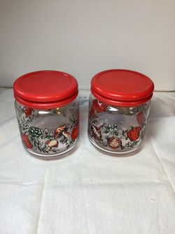 Set of 2 Vintage MCM Veggie Motif Glass Jars with Lids