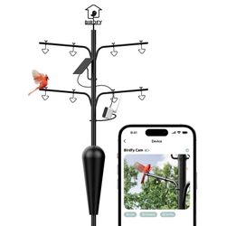 Bird Feeder Pole with Camera and Solar Panel, Netvue Birdfy Pole All Metal with 8 Hooks Squirrel Proof Heavy-Duty Stand - M517