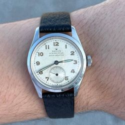 Vintage 1953 Rolex Oyster Royal 32mm 6244 Silver Roman Dial Luminous Hands Black leather band