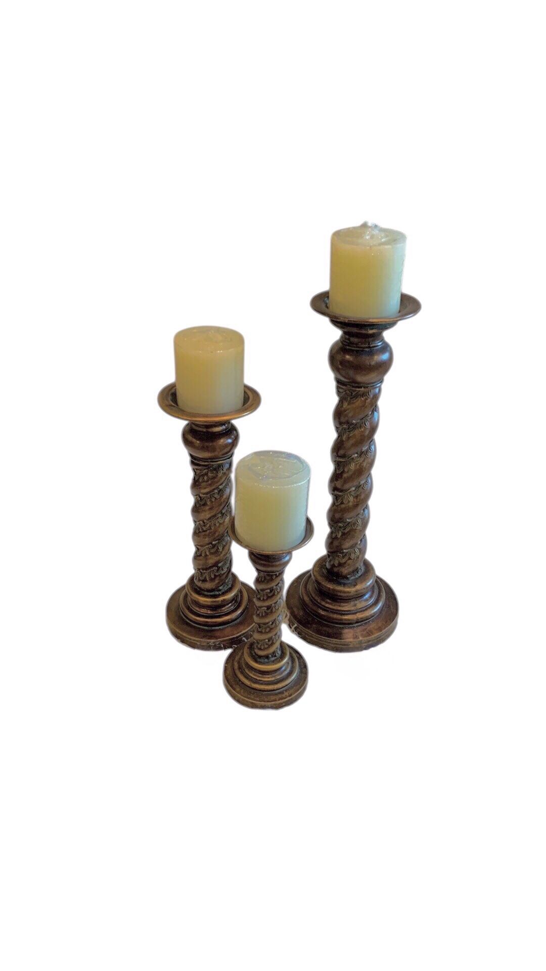 🆕 Exotic Carved Pillar Candle Holders - Set of 3 🕯️