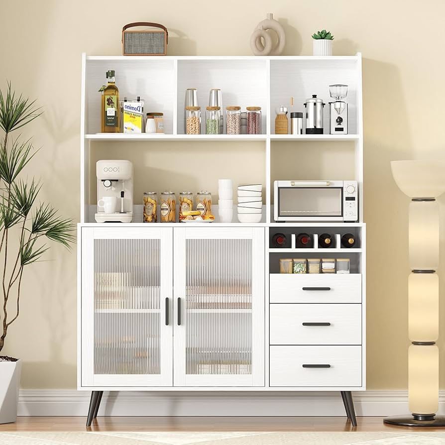 Hutch Pantry Cabinet, Freestanding Kitchen Storage Cabinet with 3 Drawer & 2 Glass Doors, Sideboard Buffet with Wine Racks & Shelves, Cupbo