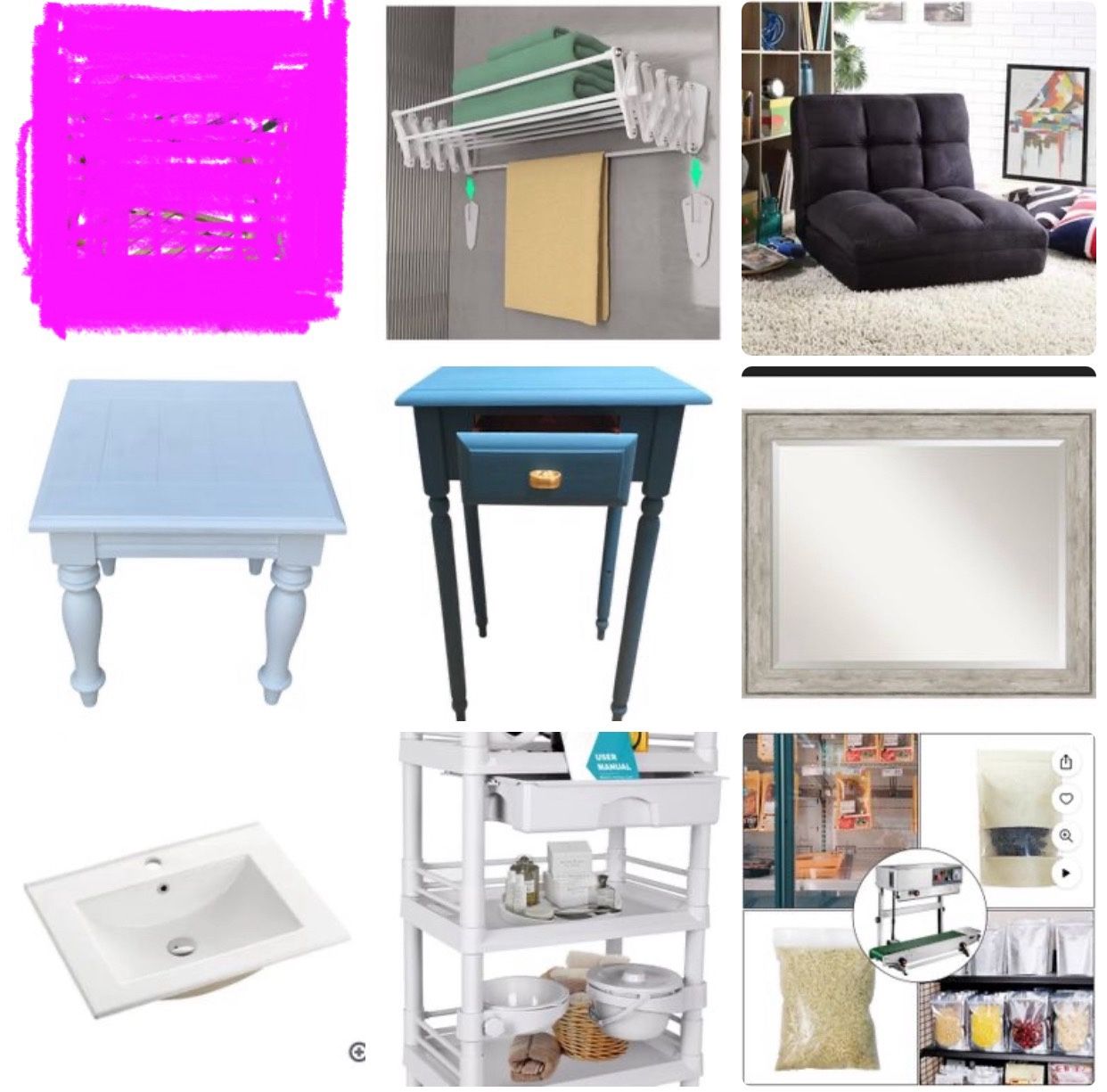 Wall Hanging Clothes Drying Rack, Tables, Sink, Mirror, Lounge Chair And Much More