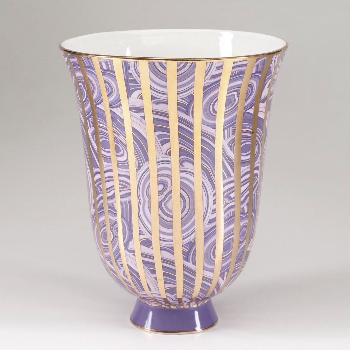 Jonathan Adler Malachite Stripe Porcelain Urn in Purple W 24kt Gold Accents