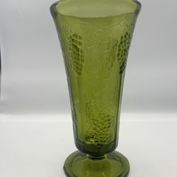 Indiana Glass Vase Olive Green Raised Grape Pattern 9 3/4" Tall Vintage MCM *chip