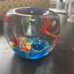 Murano Style Swimming  Fish Paperweight With Candle Holder