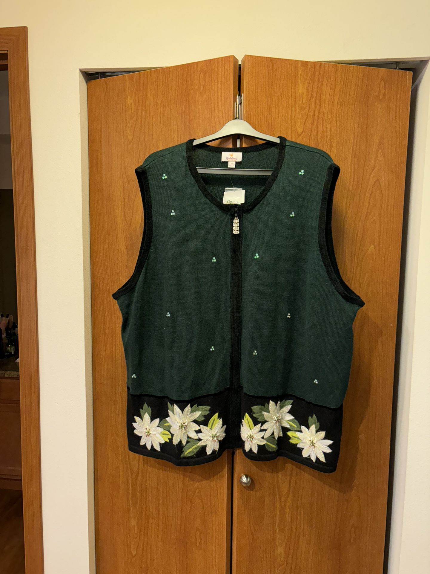 Vintage Quacker Factory Holiday Poinsettia Embroidered Zip Up Sweater Vest 3XL