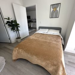 Full Size Upholstered Bed with Mattress + Foam Topper