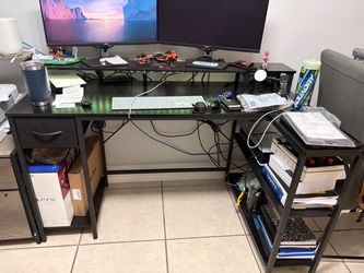 Home office table. Reversible study desk with LED light, power outlets & USB ports.