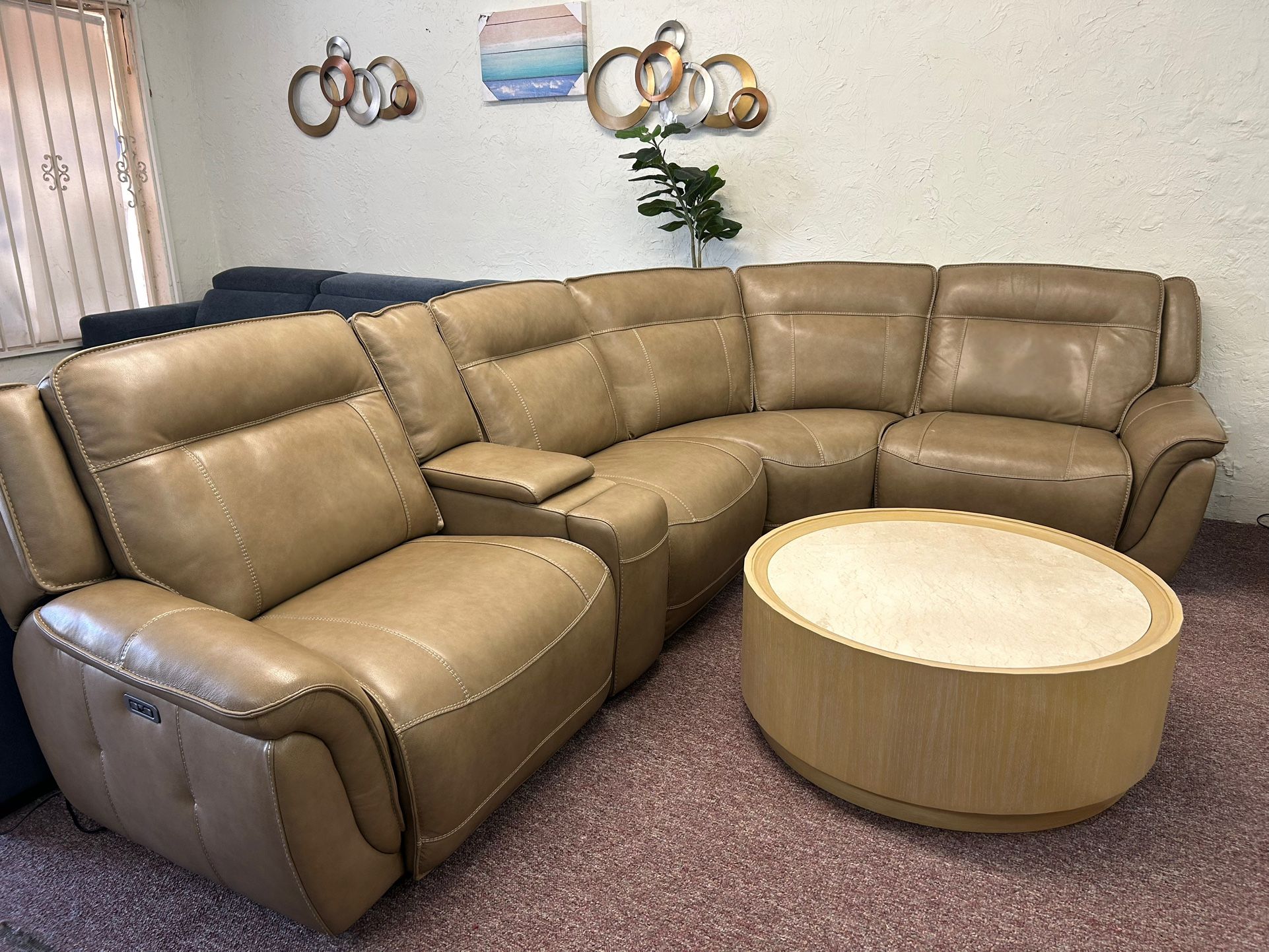 Furniture- 5 Pc Semi Aniline 100% Real Leather Sectional With 3 Power Recliners- Lenardo