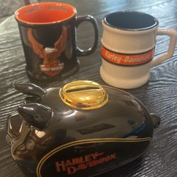 Harley Davidson Hog Piggy Bank W/ Stopper, With 2 HD Coffee Mugs
