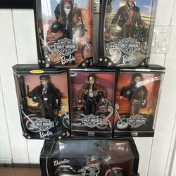 NIB Complete Set of Five Harley Davidson Barbie Dolls and the Barbie Motorcycle – Collector Edition