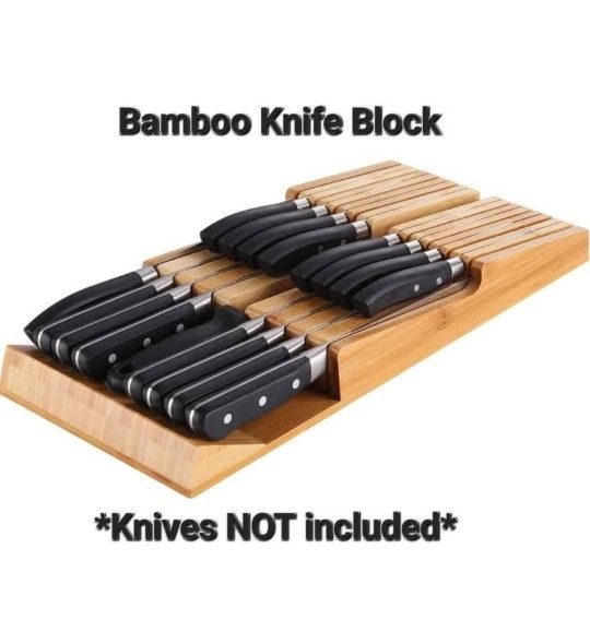 NEW! Bamboo In-Drawer Knife Block holds 16 Knives & Sharpener (Not Included),Detachable Slots, 16x10