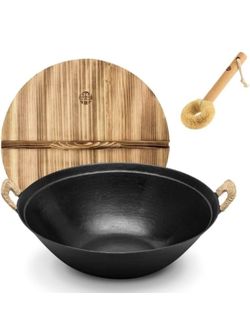 WANGYUANJI 14.2" Cast Iron Wok with Lid, Dual Handles - Flat Bottom Chinese Stir Fry Pan for Induction & Gas Stoves - Traditional Handcrafted Turtle S
