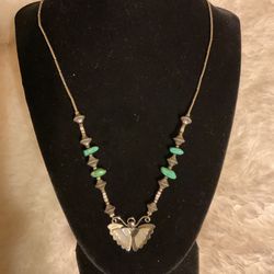 Silver Necklace With Torquise Gemstones With Butterfly Pendant 