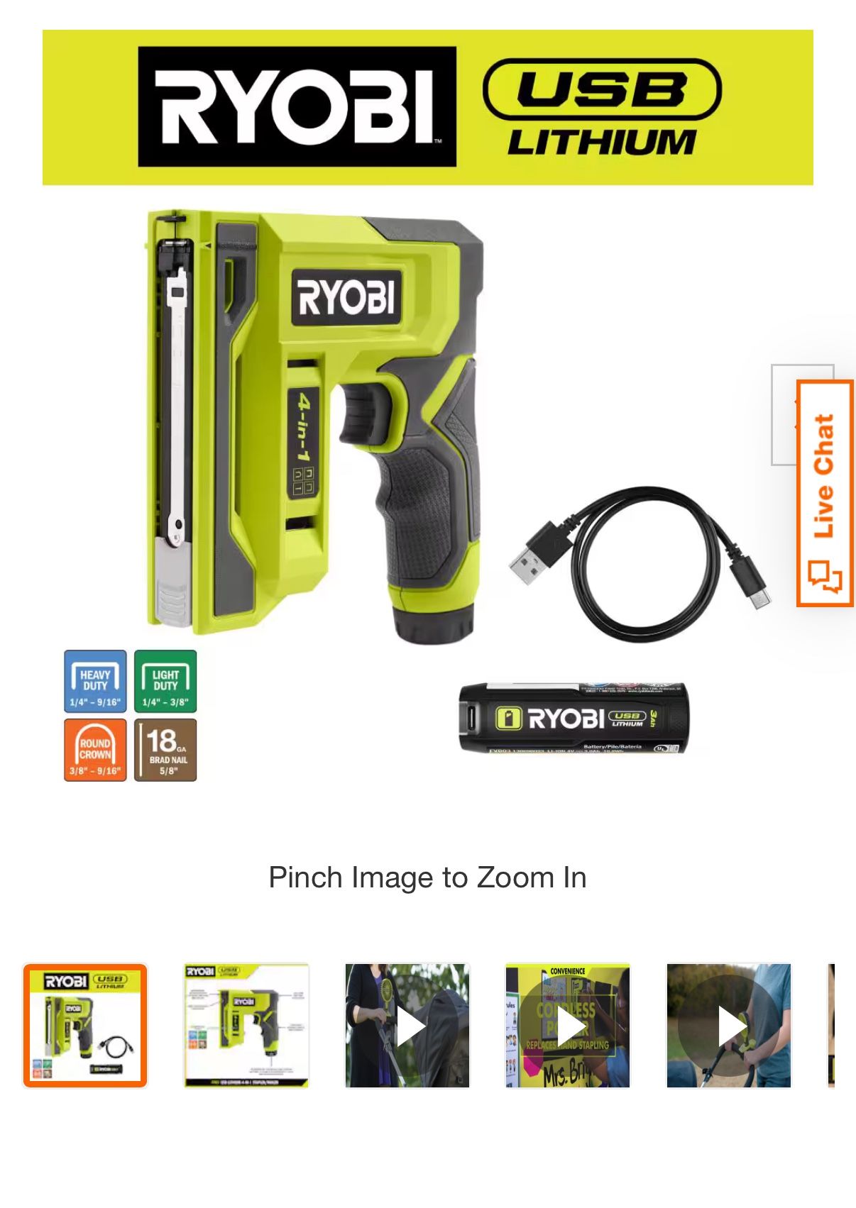 RYOBI USB Lithium Cordless Craft 4-in-1 Stapler/Nailer Kit with 3.0 Ah Battery and Charging Cable