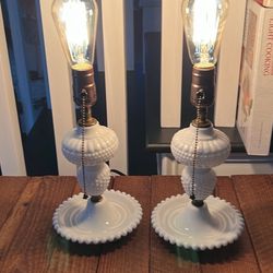Pair of vintage reconditioned white milk glass hobnail table lamps