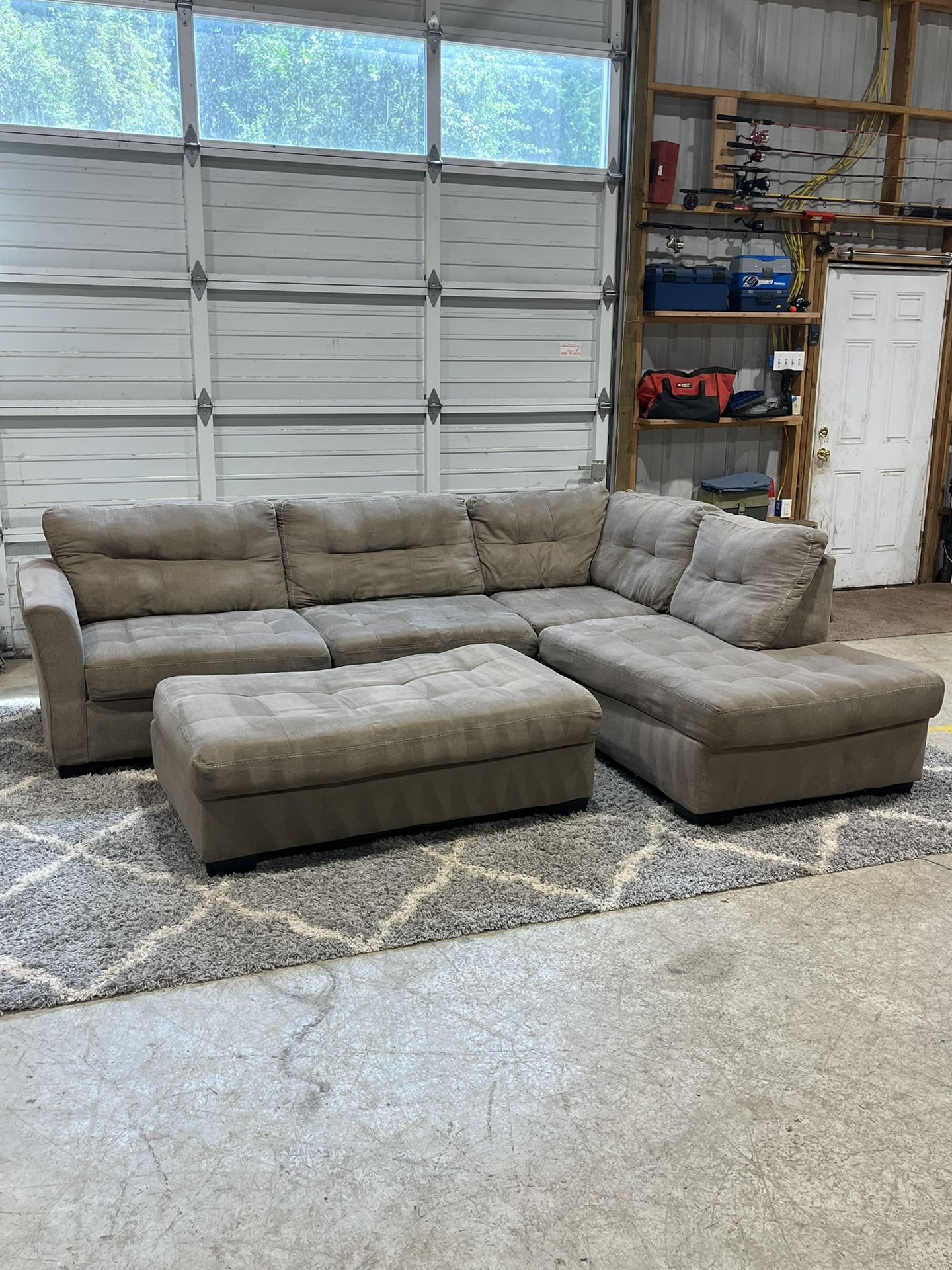 Ashley furniture Light Taupe Sectional Couch with Ottoman – Clean & Cozy!