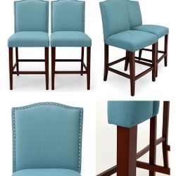 Stylish Counter Stools (Set of 2) – Light Blue with Wood Legs