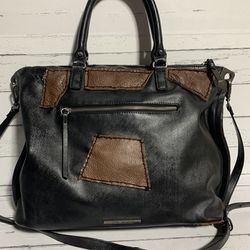 Vantage Steve Madden  Black Leather Handmade Old Fashion Big Crossbody Tote Bag