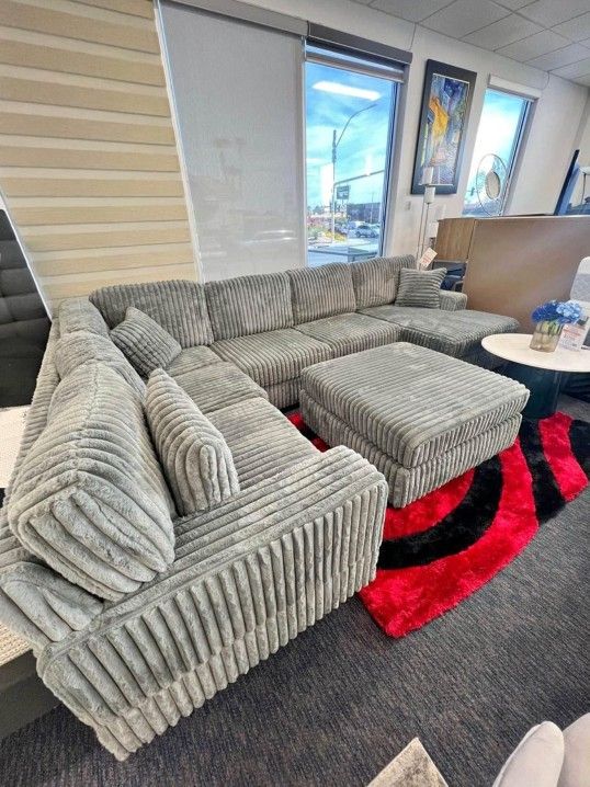 Fast Delivery Fog Gray Sectional Couch Set With Extra Fluffy Corduroy Fabric 