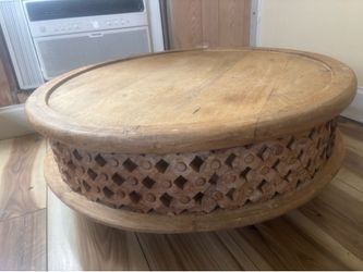 West Elm hand carved Acaia wood table