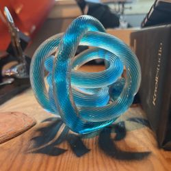 Vintage Murano Art Glass Blue Twisted Rope Knot Ribbed Sculpture Paperweight 
