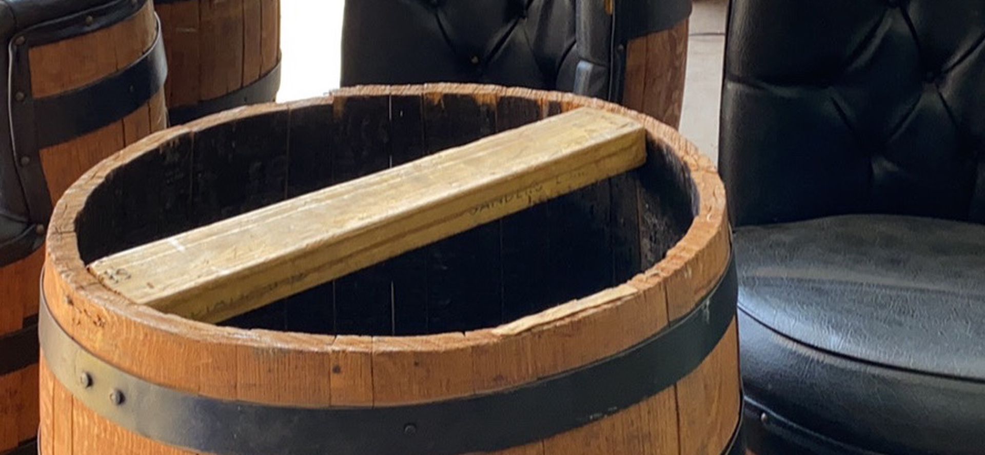Whiskey Barrel Pedestal And Cocktail Chairs