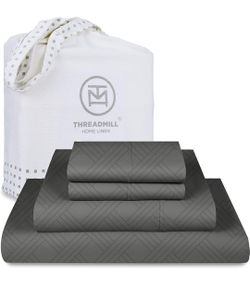 Threadmill Luxury 100% Cotton Full Bed-Sheets - 800 Thread Count Jacquard Celine Dark Grey, Better Than Egyptian Cotton,4 Pc Striped Bed Set