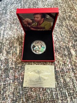Silver Plated Star Trek Novelty Coin Captain Kirk The Trouble With Tribbles. Comes with red case, coin case, and certificate.
