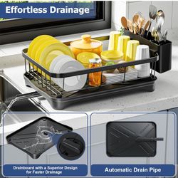 Dish Drying Rack Single Layer with Utensil Holder, Adjustable Spout Auto-Draining Dish Rack for Kitchen Counter, Large Capacity for Plates, Bowls, Cup