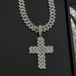 Custom VVS 15mm Moissanite Diamond Cuban Link Chain + Cuban cross pendant SET